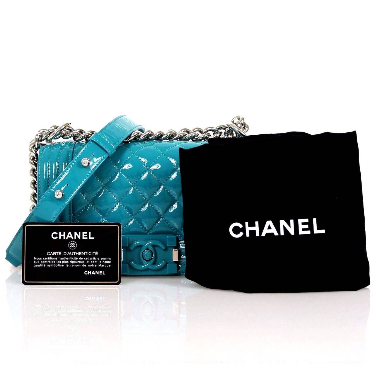 Chanel Lagoon Blue Aqua Quilted Patent Leather 2015 Plexiglass Boy Shoulder Bag For Sale 5