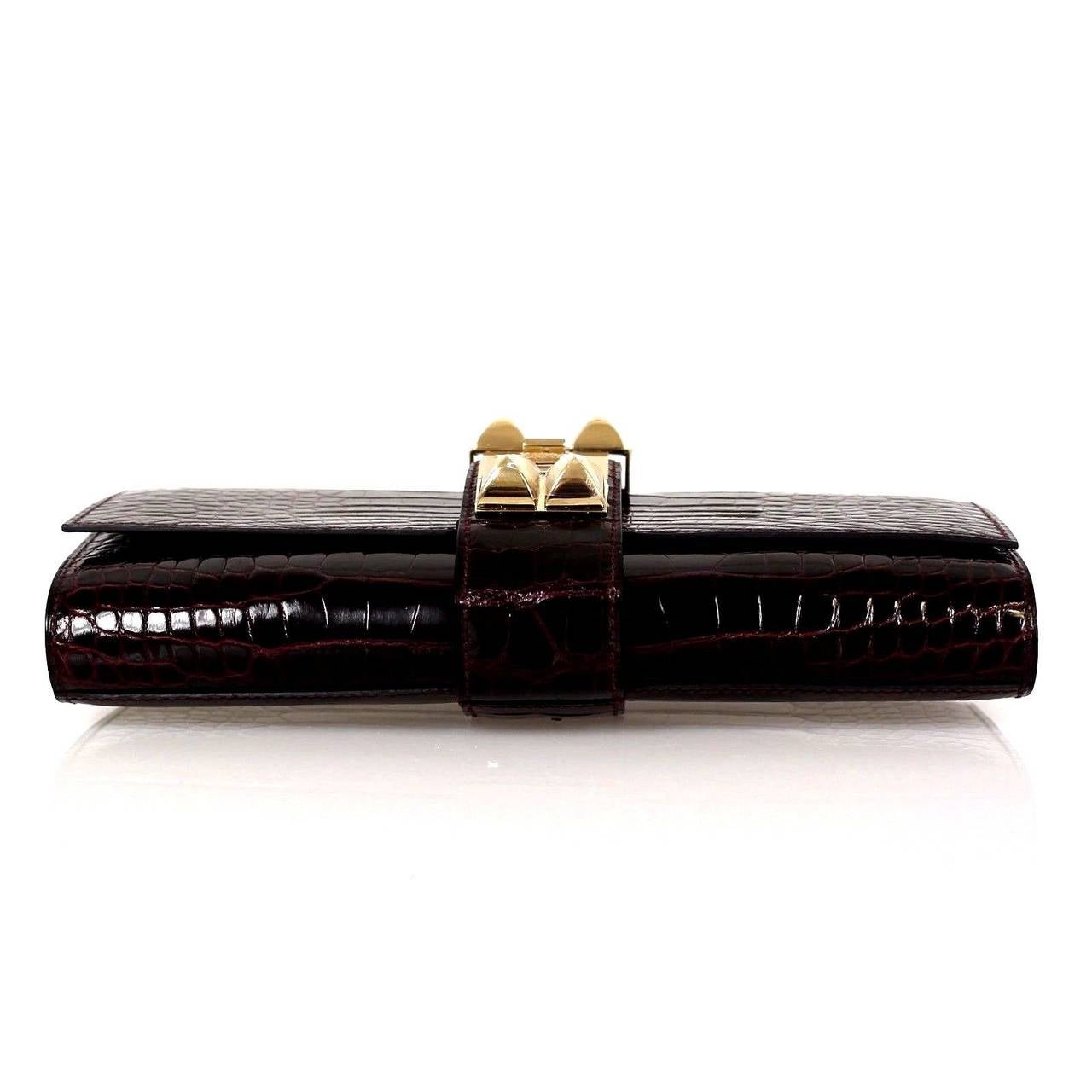 Black Hermès Shiny Borduex  Porosus Crocodile 2015 Gold HDW 23 Cm Medor Clutch For Sale