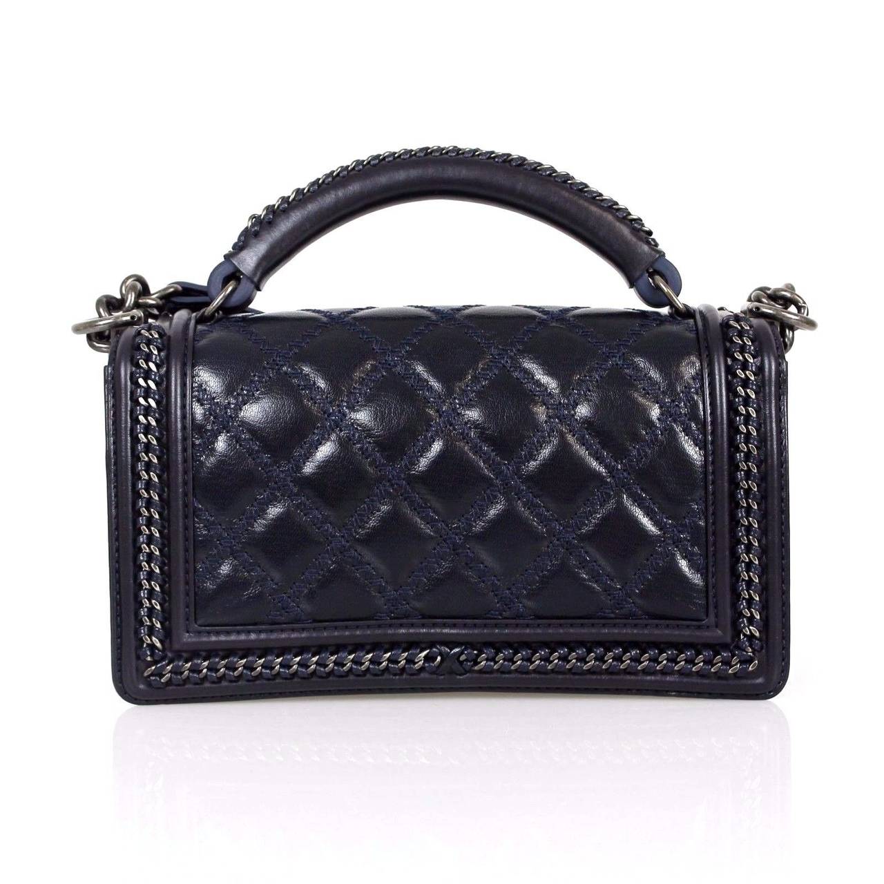 Chanel Navy Quilted Leather Aged Silver HDW 2015 Boy Flap Shoulder Bag In New Condition In Miami, FL