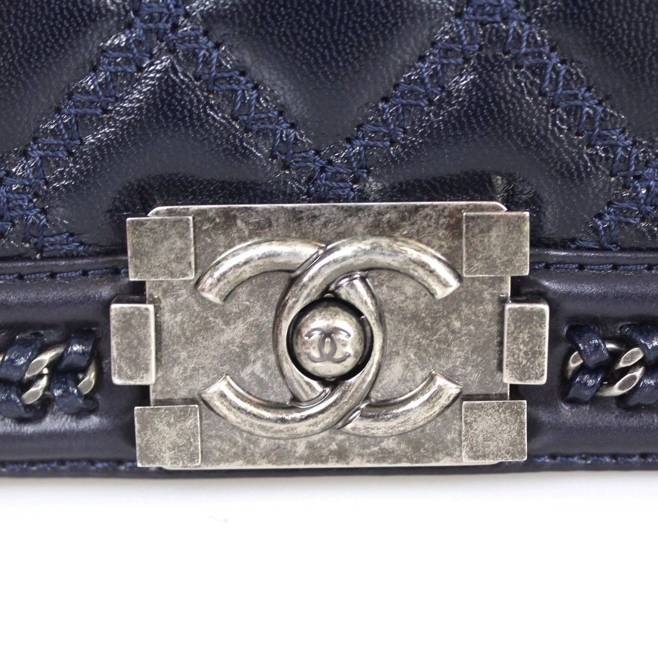 Chanel Navy Quilted Leather Aged Silver HDW 2015 Boy Flap Shoulder Bag 1