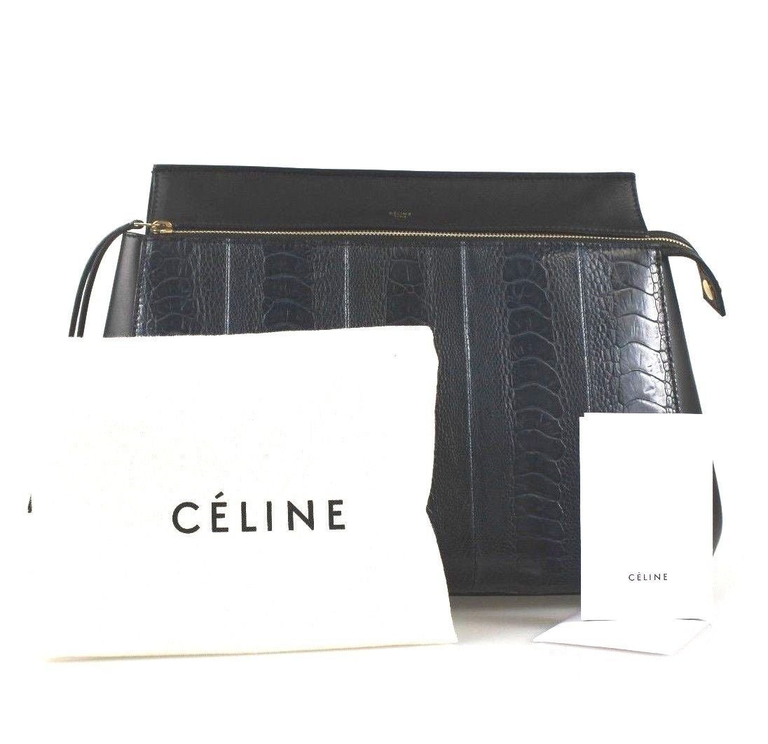 Céline Navy Black Ostrich Leather Edge Blue Tote Bag For Sale 6