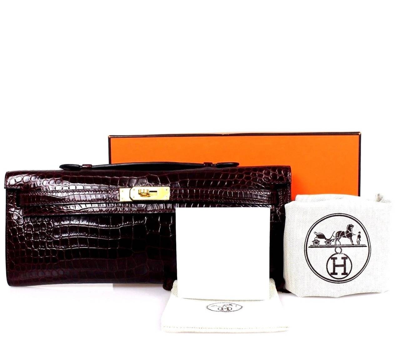 HERMES KELLY BLACK MATTE CROCODILE Bag KELLY CUT CLUTCH POCHETTE GOLD  HARDWARE at 1stDibs