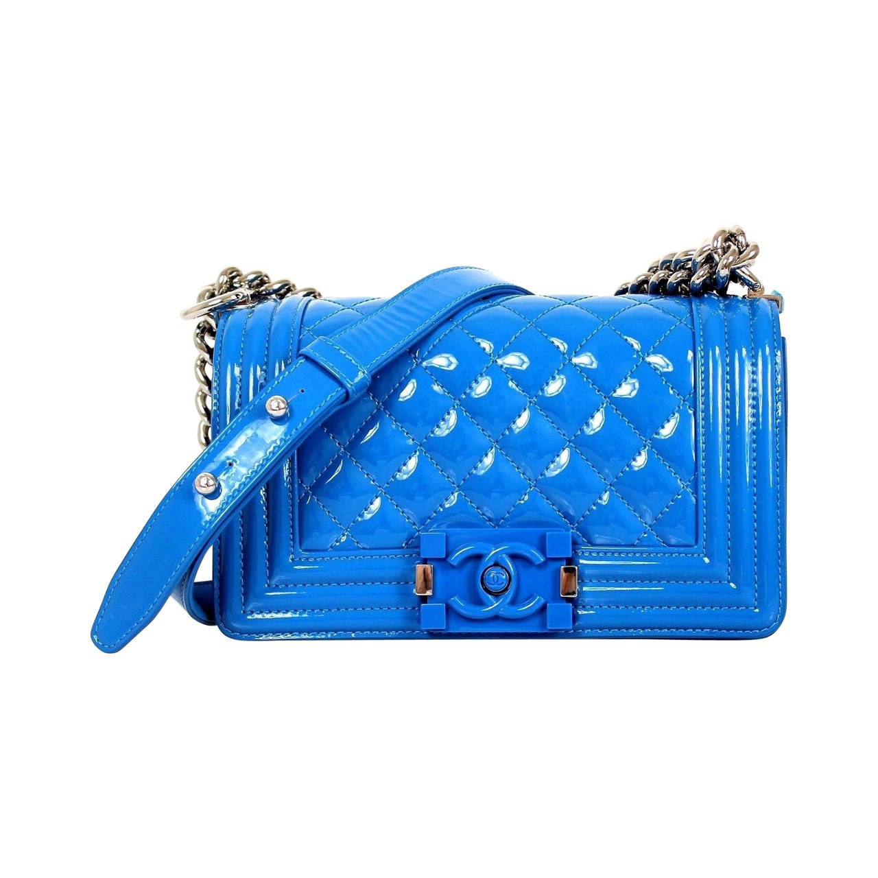 Chanel Blue Quilted Patent Leather 2015 Plexiglass Small Boy Shoulder Bag