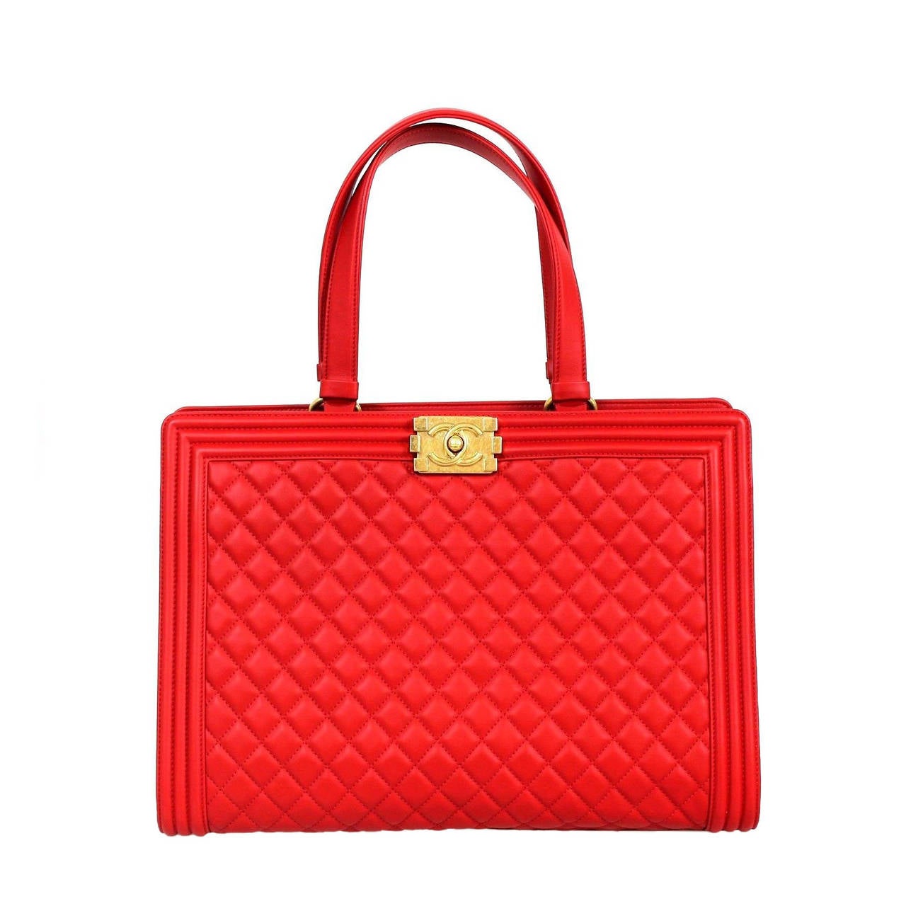 Chanel Red Quilted Leather 2015  Boy Large Shopping Shoulder Bag
