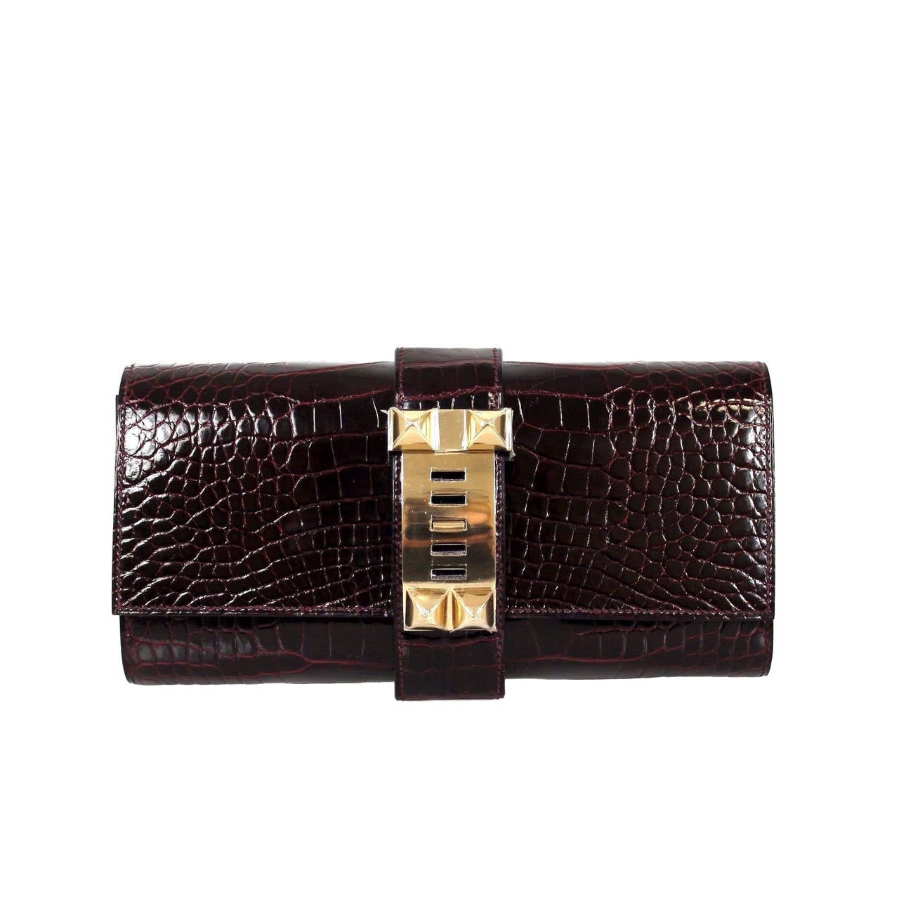 Hermès Shiny Borduex  Porosus Crocodile 2015 Gold HDW 23 Cm Medor Clutch For Sale