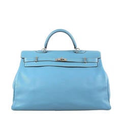 Hermès Taurillon Togo bleu clair, sac de voyage Kelly 50 cm extra large en cuir.