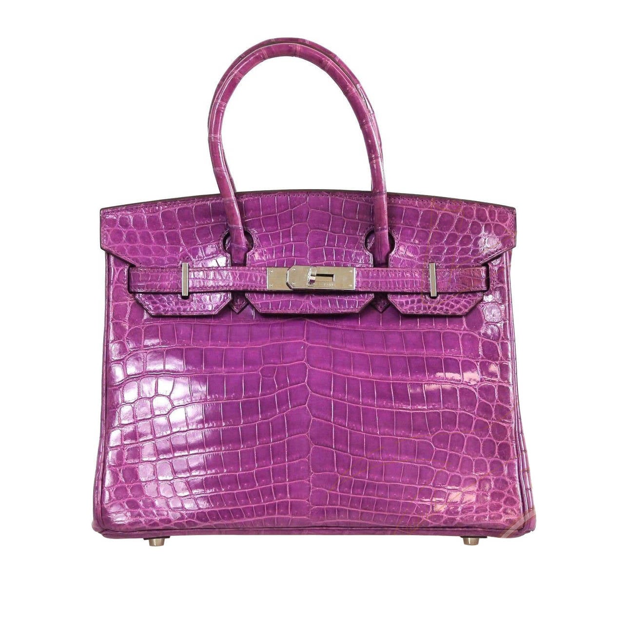 Hermès Purple Shiny Crocodile  Porosus 2005 Silver HDW Birkin 30 Cm Tote Bag For Sale