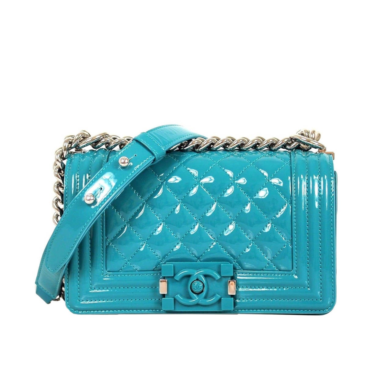 Chanel Lagoon Blue Aqua Quilted Patent Leather 2015 Plexiglass Boy Shoulder Bag For Sale