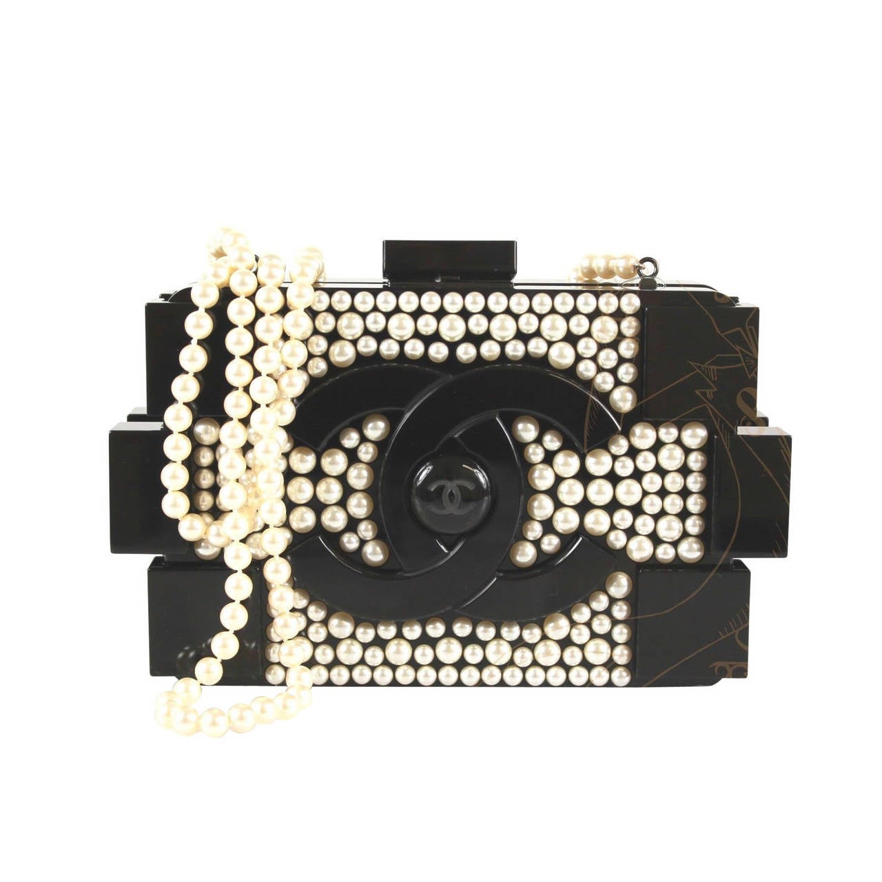 Chanel Black Plexiglass Pearl Embellished 2014 Cc Logo Lego Clutch For Sale  at 1stDibs | rhinestone lego clutch chanel, chanel lego bag rhinestone