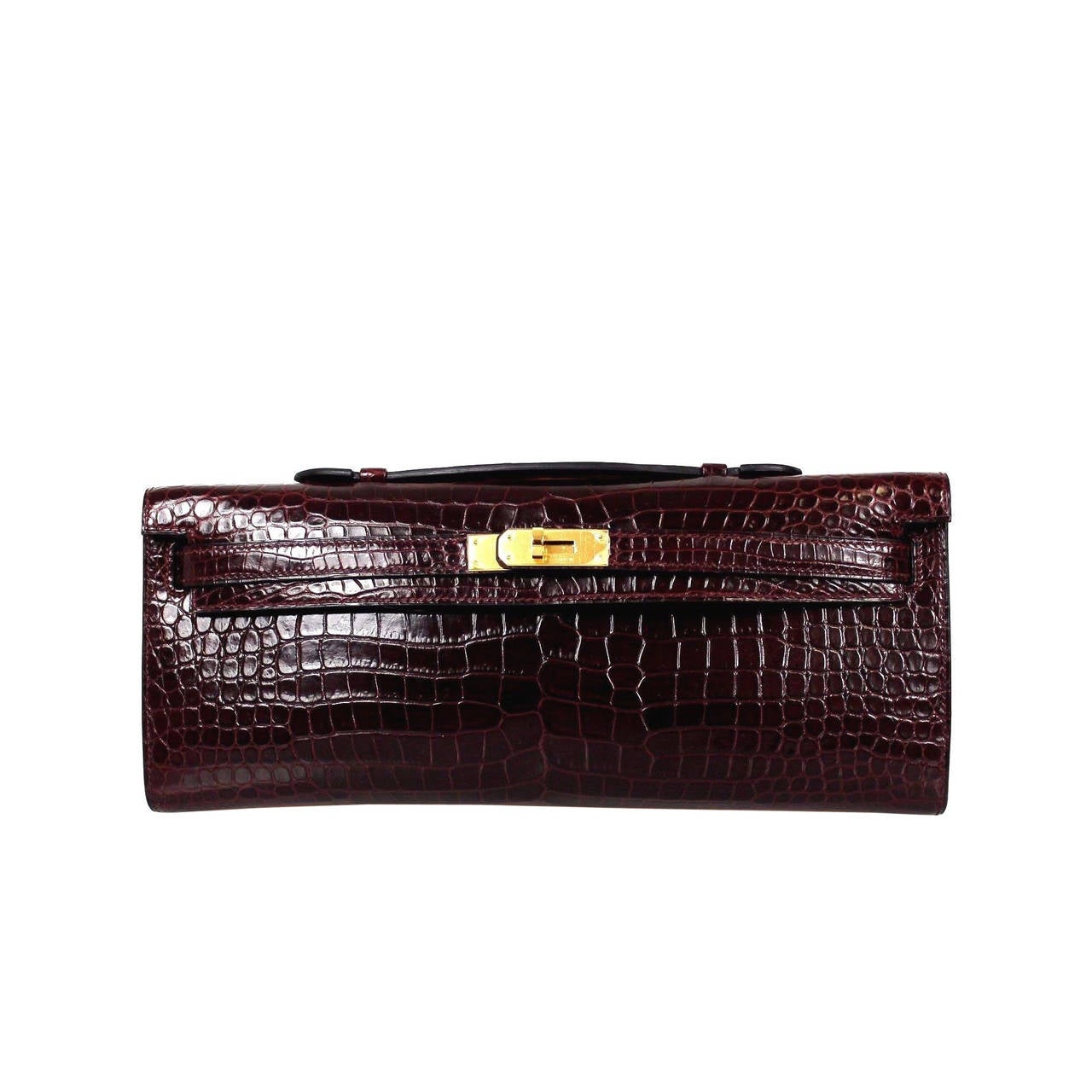 Hermès Burgundy Shiny Niloticus Gold HDW 2015 Kelly Cut Pochette Clutch For Sale