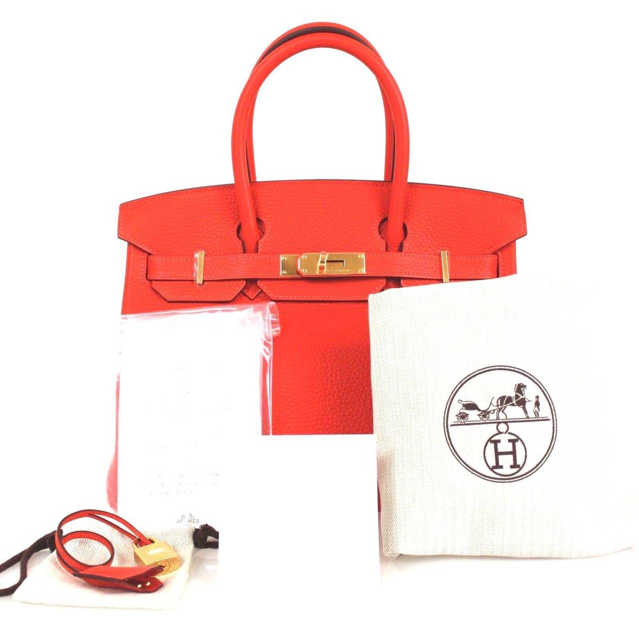 Hermes Rouge Pivione Clemence Leather Gold HDW 2015 30 cm Birkin Tote Bag For Sale 5