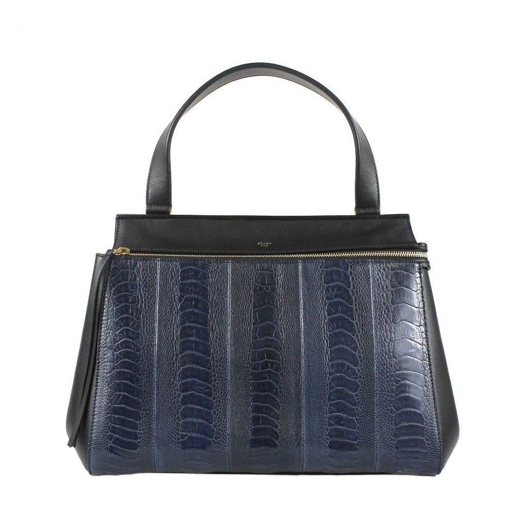 Céline Navy Black Ostrich Leather Edge Blue Tote Bag For Sale