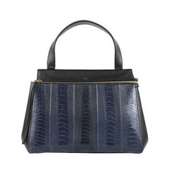 Céline Navy Black Ostrich Leather Edge Blue Tote Bag