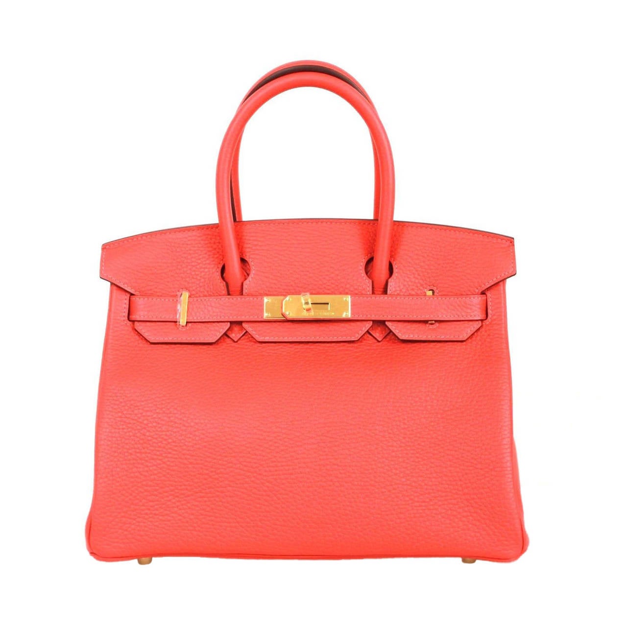 Hermes Rouge Pivione Clemence Leather Gold HDW 2015 30 cm Birkin Tote Bag For Sale