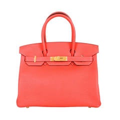 Hermes Rouge Pivione Clemence Leather Gold HDW 2015 30 cm Birkin Tote Bag