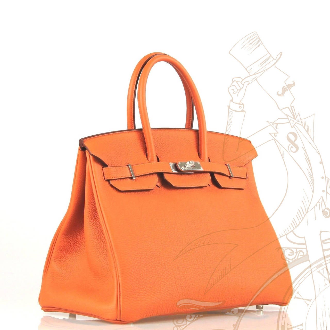 This is an authentic Hermes Togo Leather Classic Birkin 35 in Orange. This Birkin togo leather in classic orange with trim found at the piping, side gussets, top handles and straps. The bag features rolled top handles, a strap closure with a silver