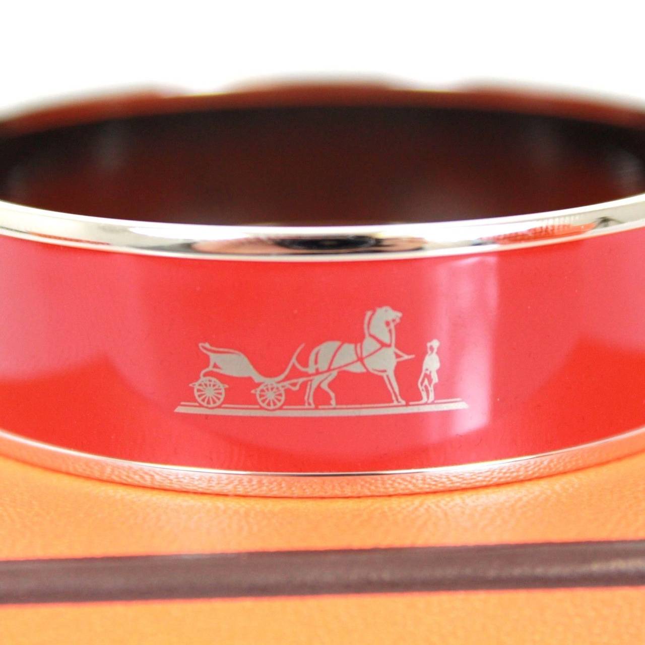 Women's Hermes Red Enamel Palladium Plated 2015 Caleche 62 Bracelet For Sale