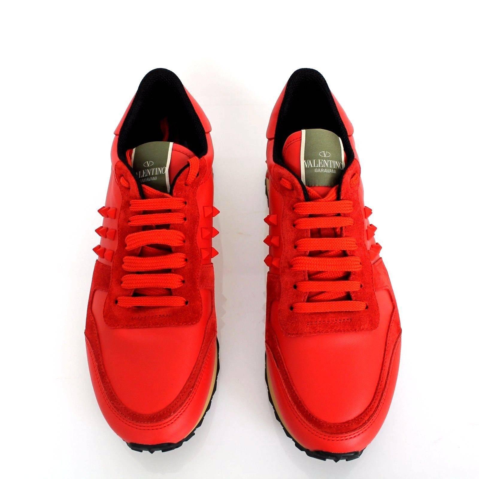 Valentino Red Leather Suede Rockstud Studded Lace up Sneakers New In New Condition For Sale In Miami, FL
