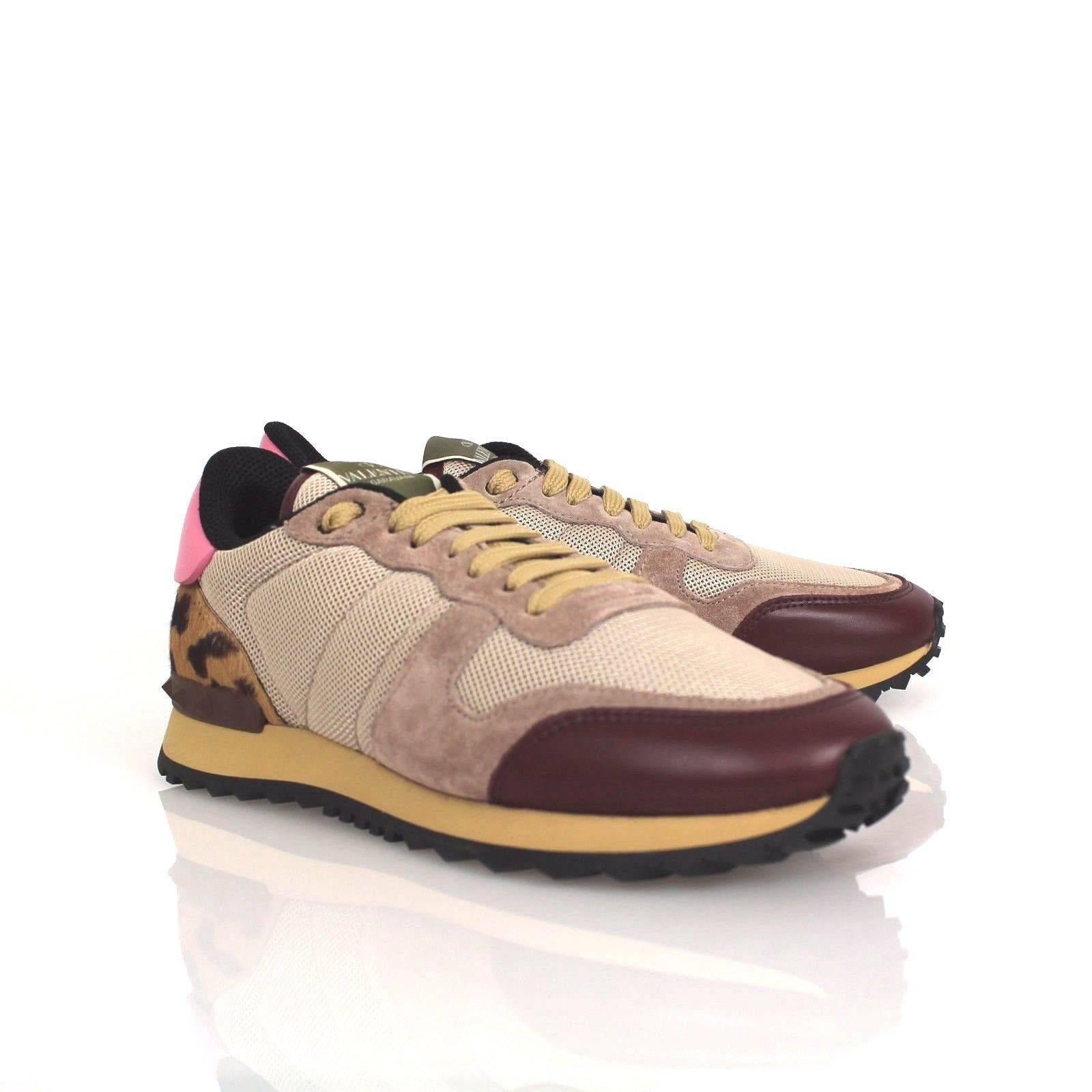 Brown Valentino Pink Beige Leather Suede Leopard Print Calf Hair Lace Up Sneakers New For Sale