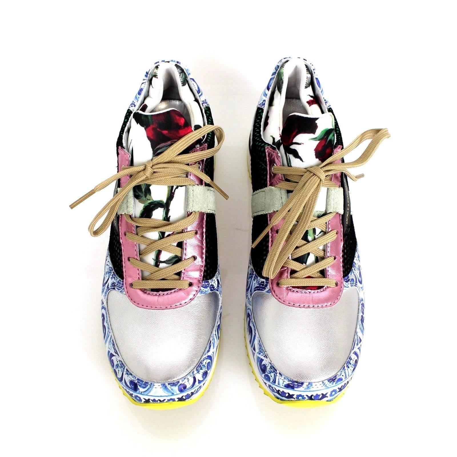 Beige Dolce & Gabbana Multicolor Textile Leather Printed 2015  Mailica Sneakers For Sale