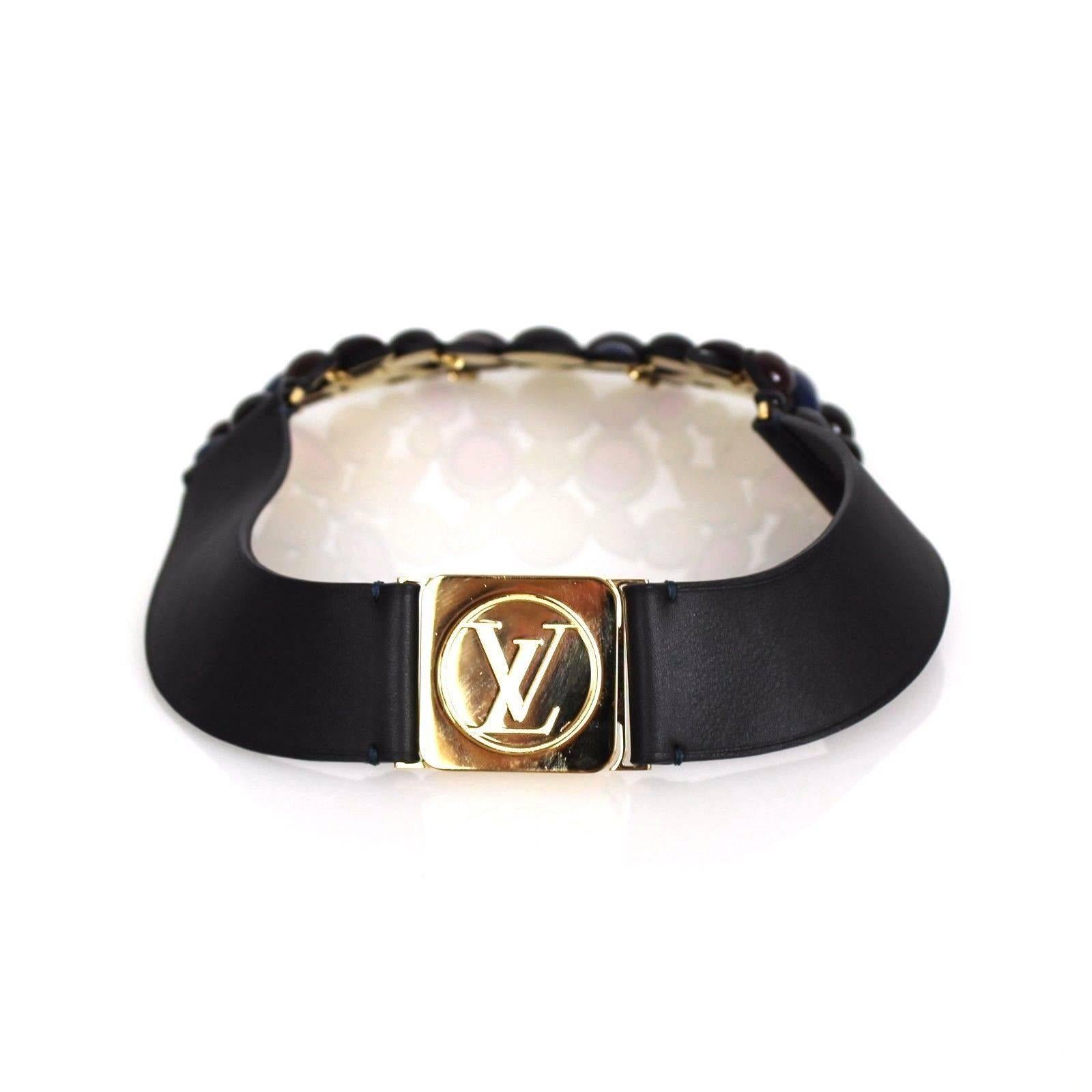 Louis Vuitton Purple Indigo Stone Embellished Black Leather Gold Collar Necklace In New Condition For Sale In Miami, FL