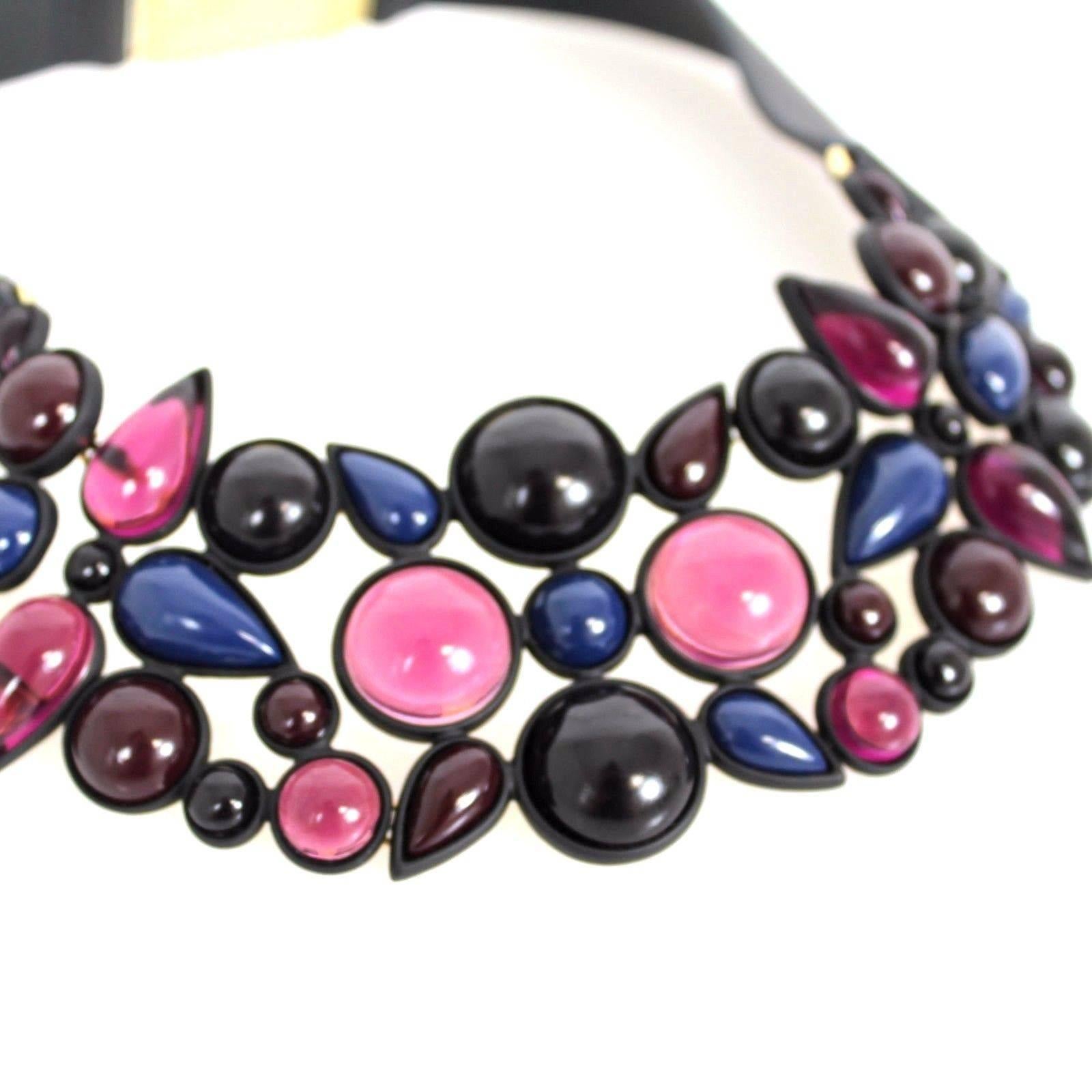 Louis Vuitton Purple Indigo Stone Embellished Black Leather Gold Collar Necklace For Sale 2