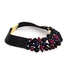 Louis Vuitton Purple Indigo Stone Embellished Black Leather Gold Collar Necklace