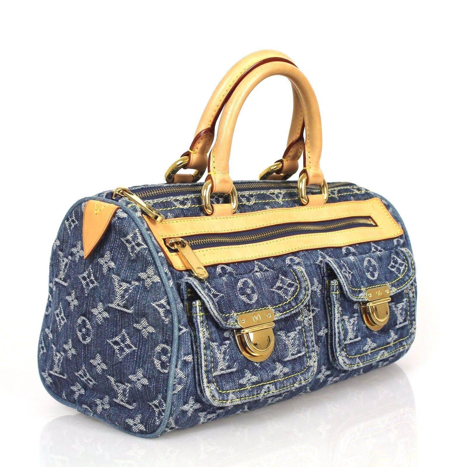 This popular bag features: denim with the iconic LV pattern and two gusseted pockets with push-lock closures, gold hardware, mustard yellow interior lining. Retail price is $1690.

Conditions: Stains in the interior, wear on the leather and denim,