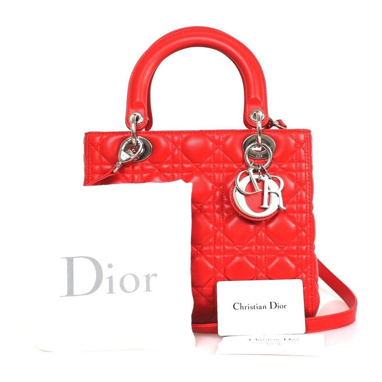 Christian Dior Red Lambskin Leather Silver HDW Mini Lady Dior Tote Bag