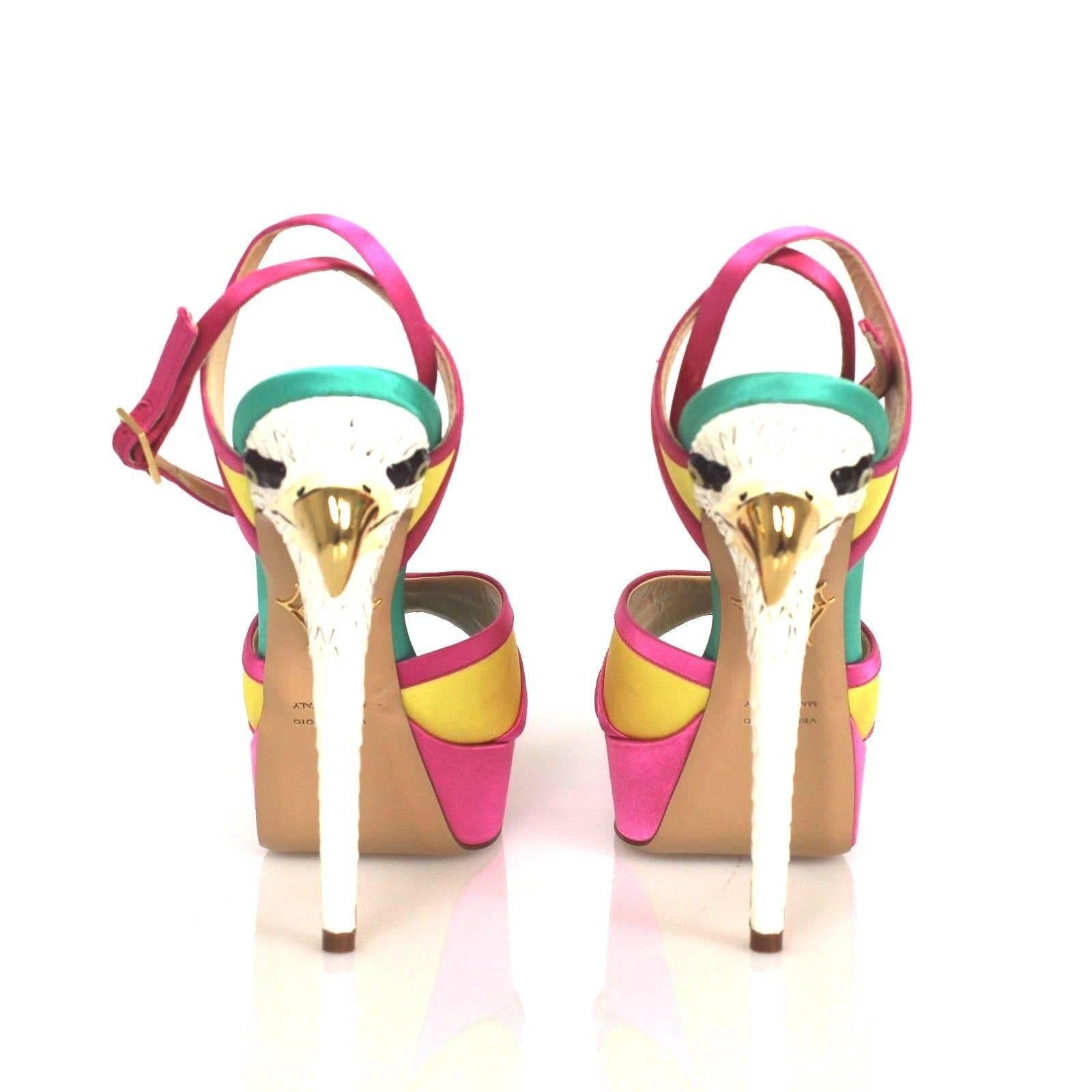 Charlotte Olympia Multicolor Satin Apache Eagle Sandal Peep Toe Heels In Good Condition For Sale In Miami, FL