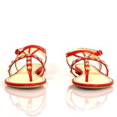 CHANEL Patent Leather Gold Camellias Orange Sandals