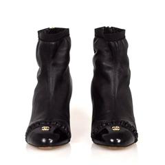 CHANEL Leather Cap Toe Gold Cc Logo Embellished Ankle Heel Black Boots