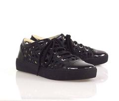 CHANEL Embroidered Floral Cutout Patent Leather Cap Toe Black Athletic Shoes
