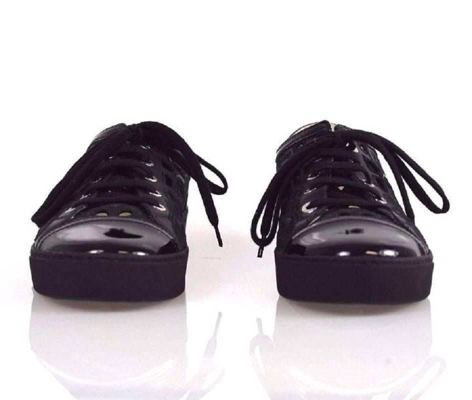 Women's or Men's CHANEL Embroidered Floral Cutout Patent Leather Cap Toe Black Athletic Shoes For Sale