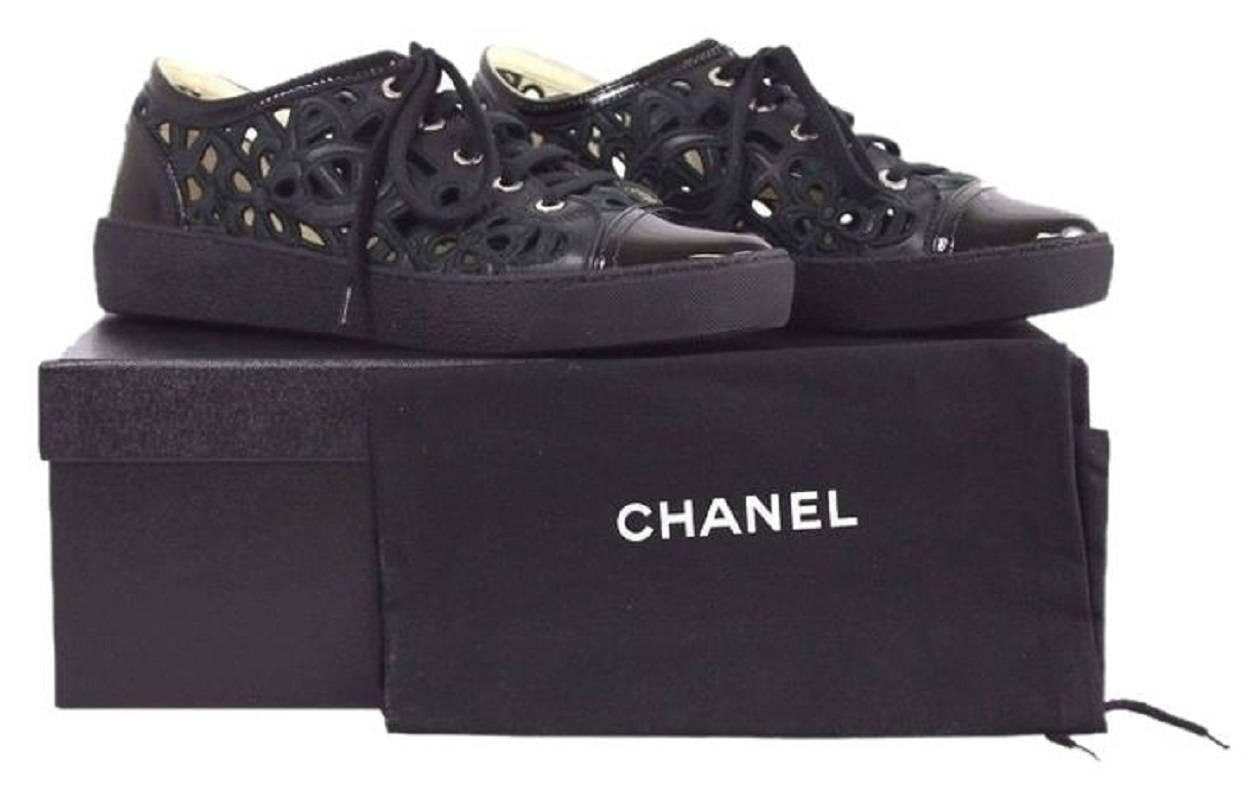 CHANEL Embroidered Floral Cutout Patent Leather Cap Toe Black Athletic Shoes For Sale 6