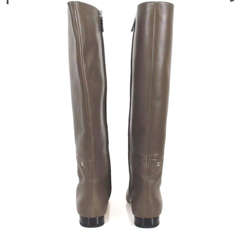 Gray CHANEL Leather Black Patent Leather Cap Toe Riding Knee High Brown Boots For Sale