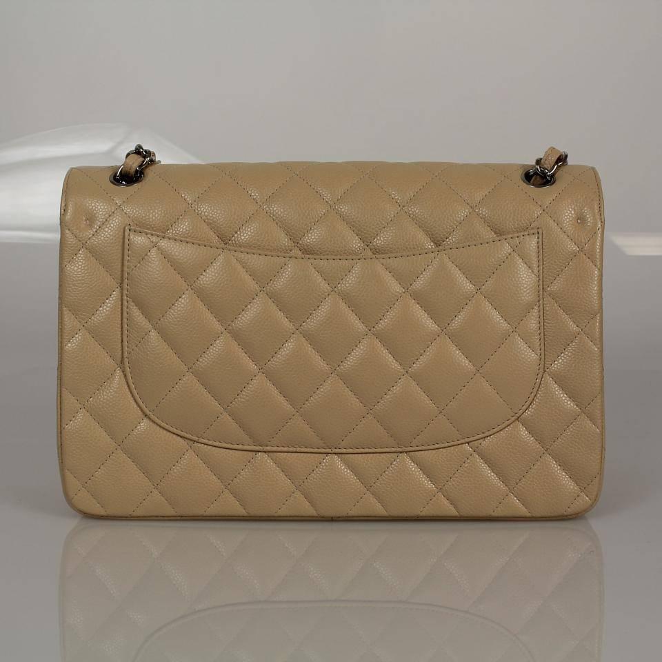 Brown CHANEL Quilted Caviar Leather Classic Jumbo Double Flap Biege Shoulder Bag For Sale