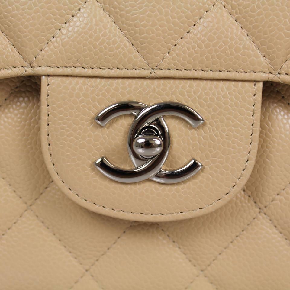 CHANEL Quilted Caviar Leather Classic Jumbo Double Flap Biege Shoulder Bag For Sale 1