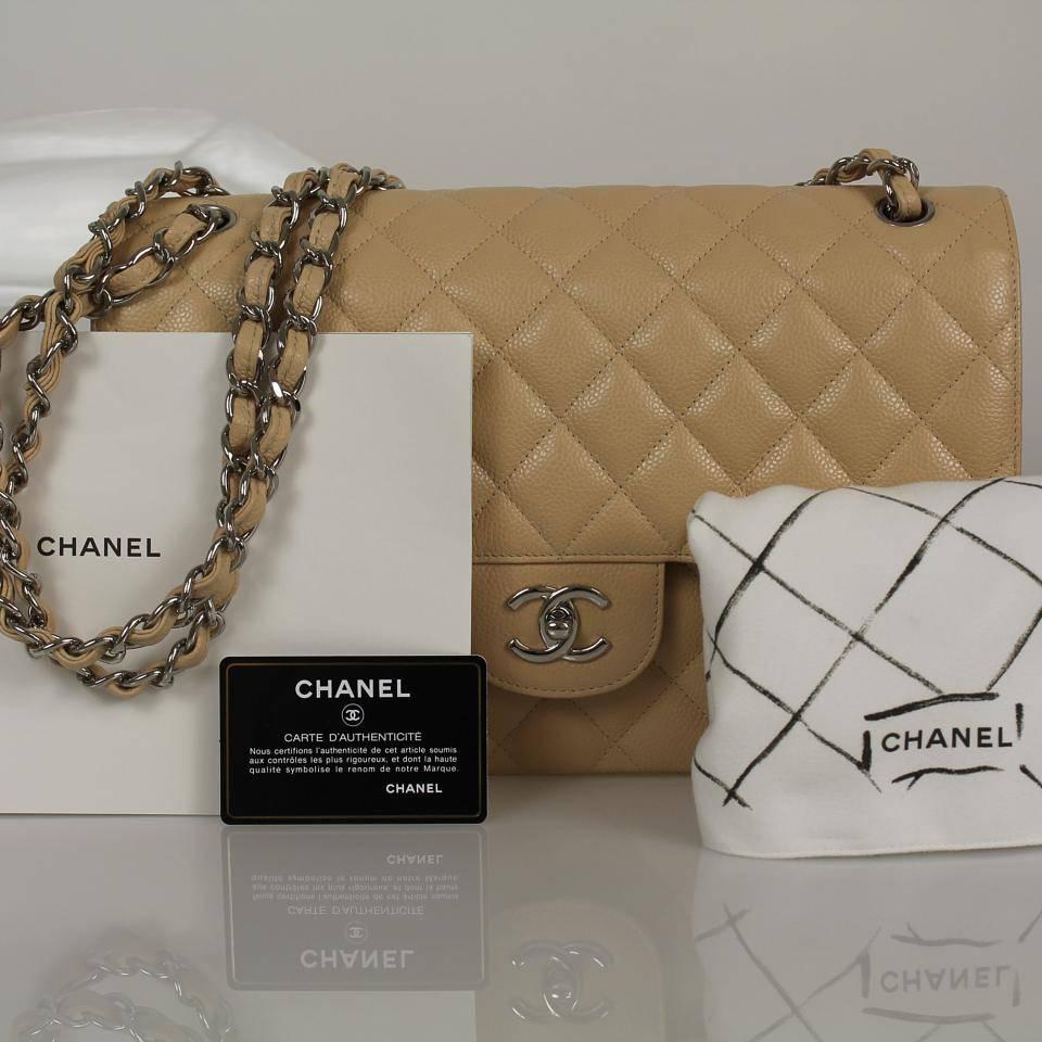 CHANEL Quilted Caviar Leather Classic Jumbo Double Flap Biege Shoulder Bag For Sale 5