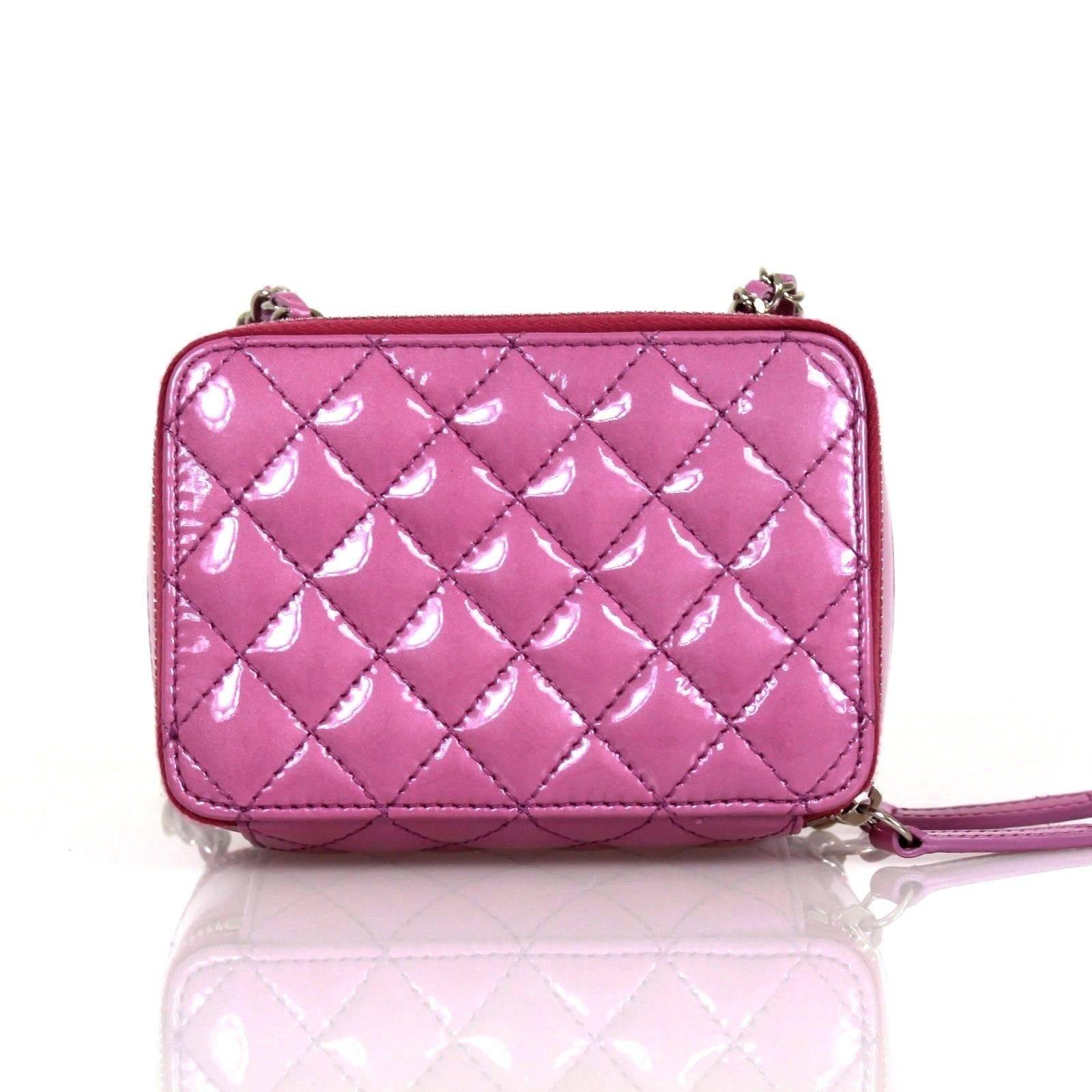 Pink Chanel Quilted Patent Leather Small Purple Silver HDW 2015 Cross Body Bag For Sale