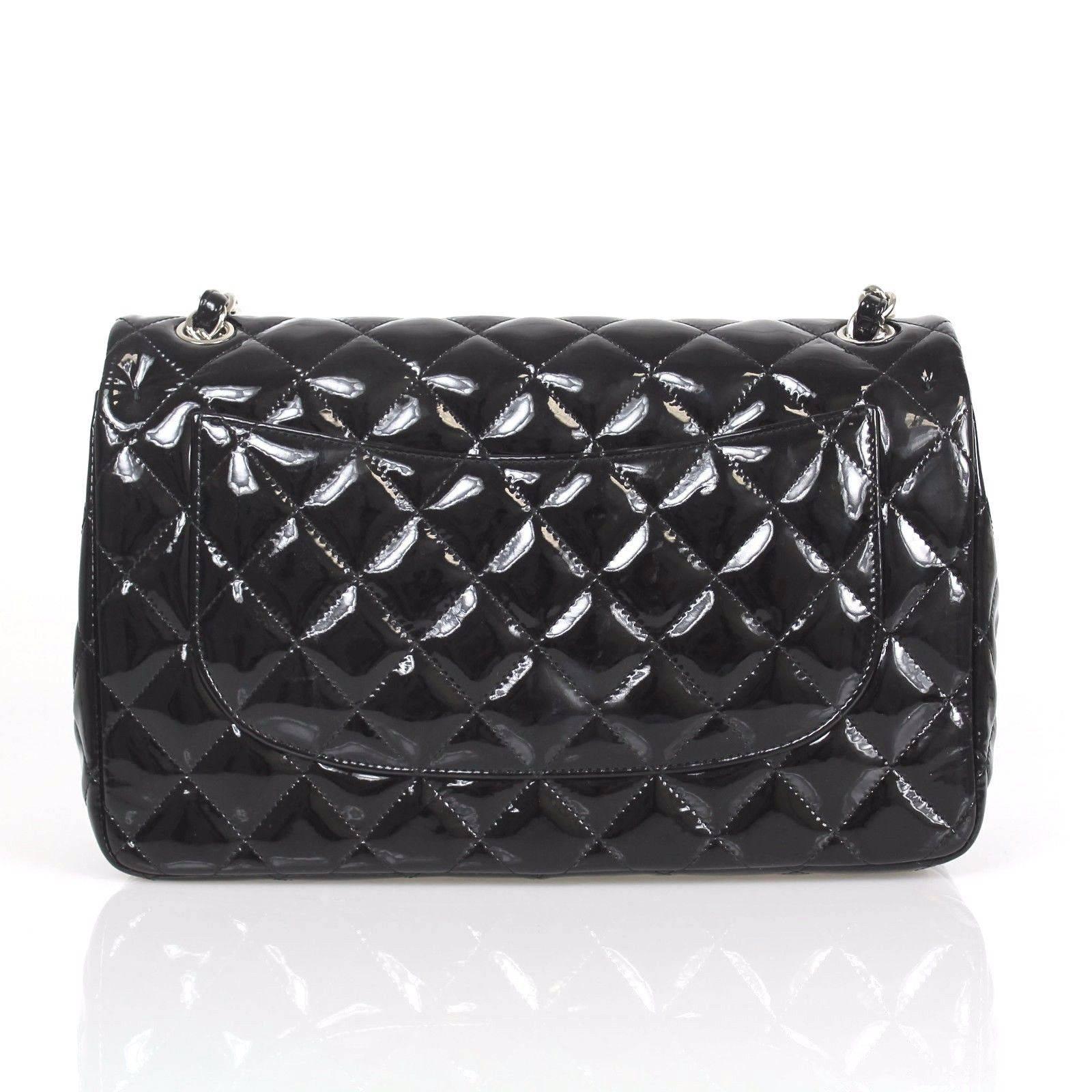 Chanel Black Classic Quilted Pastent Leather Double Flap Jumbo Shoulder Bag In Good Condition In Miami, FL