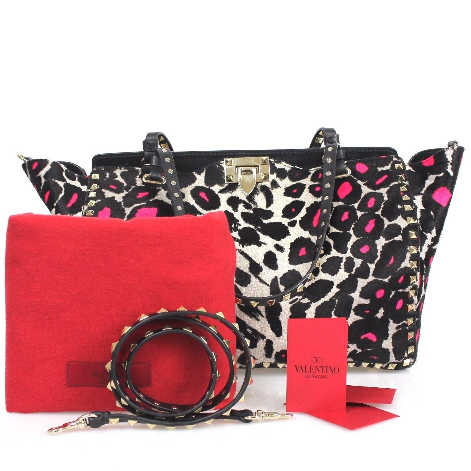 Valentino Pink Leopard Print Calf Hair Cavalino Rockstud Multicolor Tote Bag For Sale 3