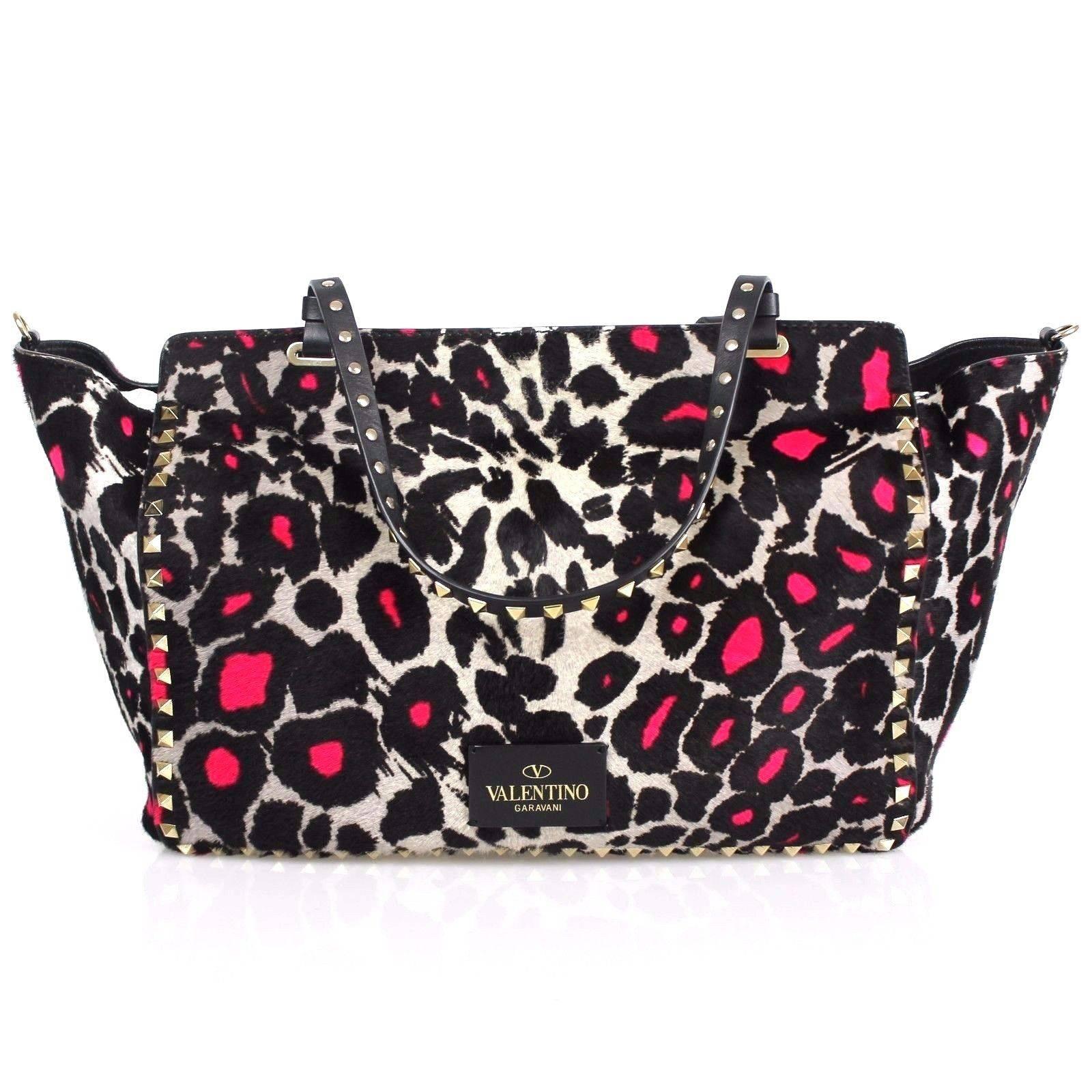 Black Valentino Pink Leopard Print Calf Hair Cavalino Rockstud Multicolor Tote Bag For Sale