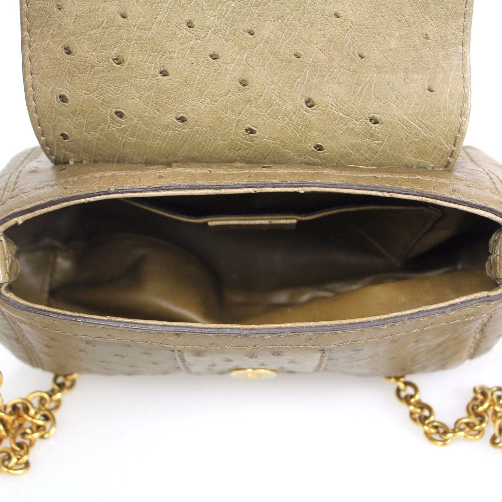 Women's Gucci Olive Green Ostrich Gold HDW Smilla Small Clutch Cross Body Bag For Sale