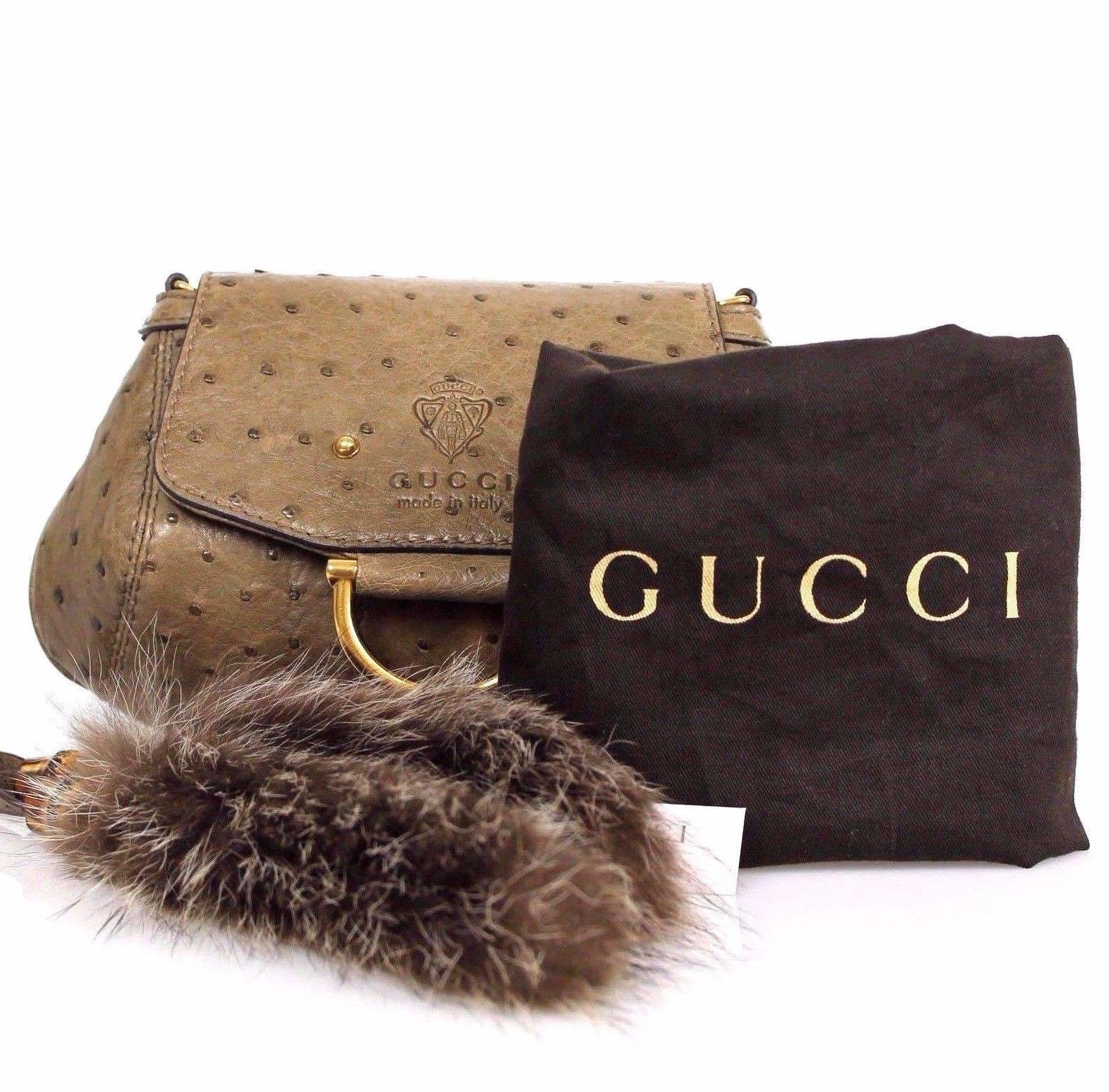 Gucci Olive Green Ostrich Gold HDW Smilla Small Clutch Cross Body Bag For Sale 1