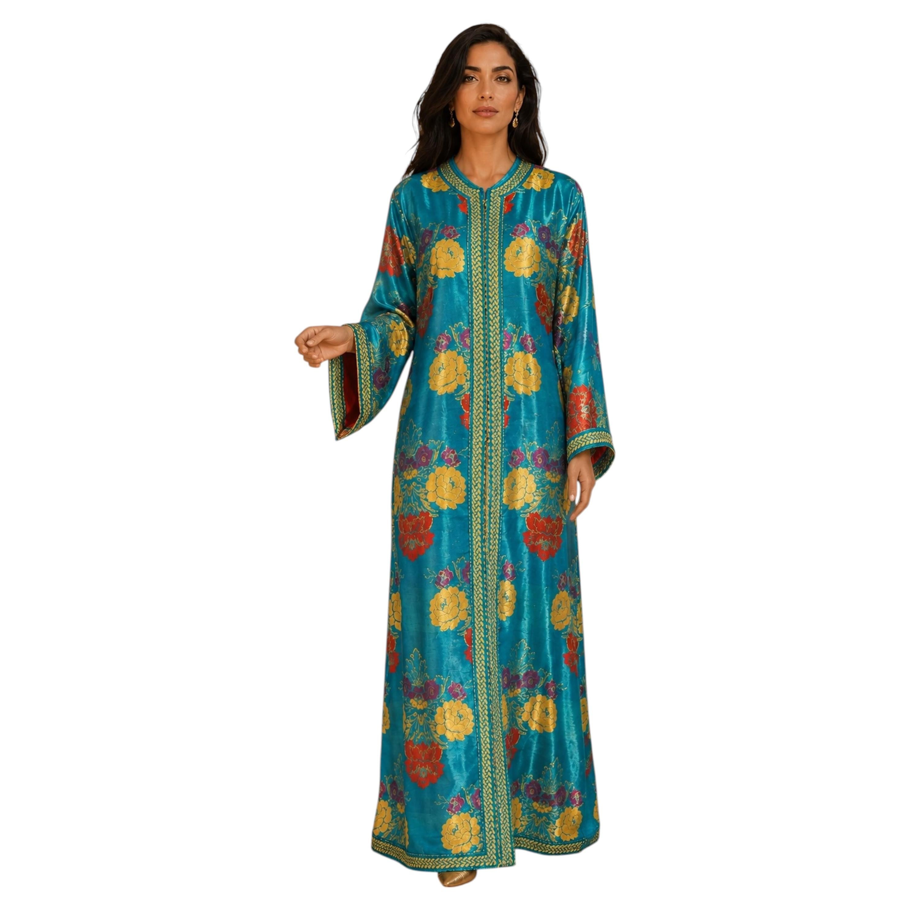 Vintage Moroccan Turquoise Metallic Floral Brocade Caftan, circa 1970s For Sale