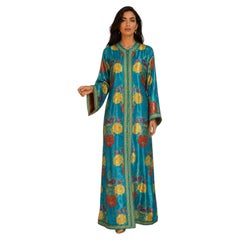 Vintage Moroccan Turquoise Metallic Floral Brocade Caftan, circa 1970s