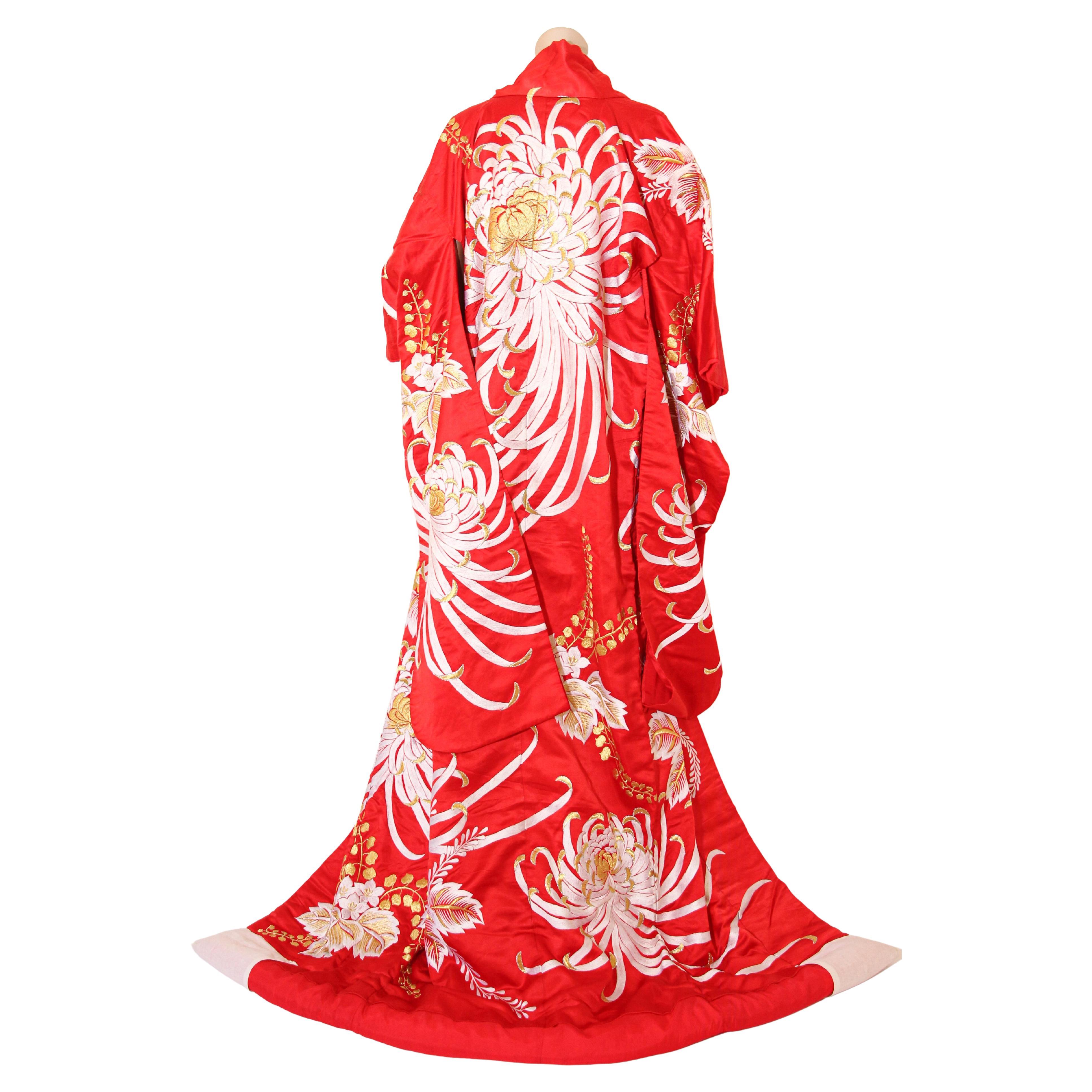 Vintage Red Kimono Silk Brocade Japanese Ceremonial Gown