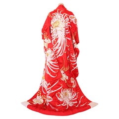 Robe de cérémonie japonaise en brocart de soie rouge vintage pour kimono