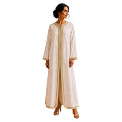 1970s Moroccan White Floral Caftan with Hand-Embroidered Gold Trim